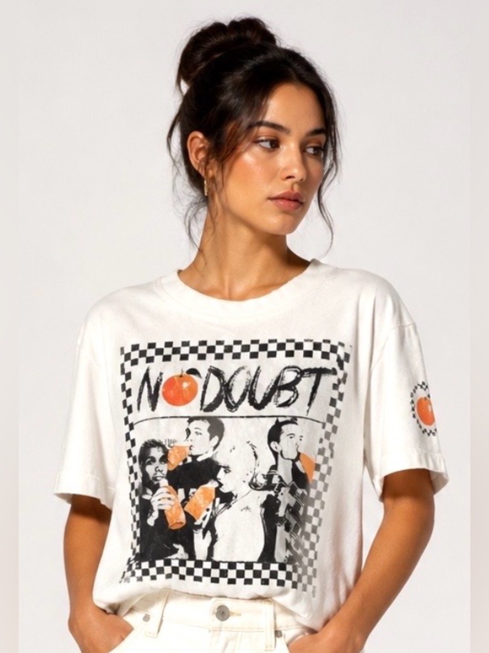 Nixeci Woman’s Oversized No Doubt Graphic Tee in White with Orange Accents S, M